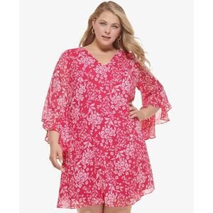 NWT Calvin Klein Hibiscus Chiffon Lined Ruffles Shift Dress Plus Sz 20W